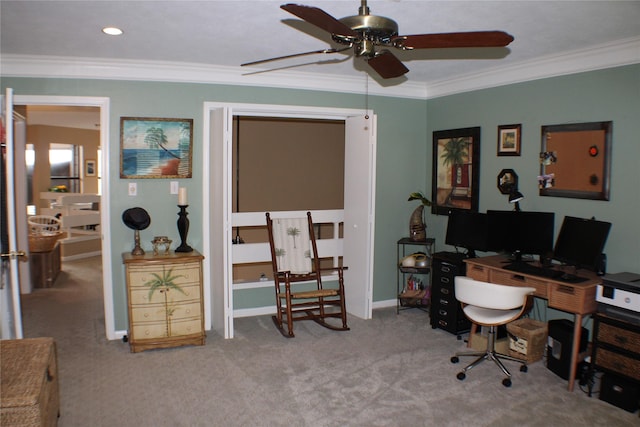 2619 Sailboat Dr, Houston, TX 77058 - carpeted office featuring ceiling fan, ornamental molding, and baseboards