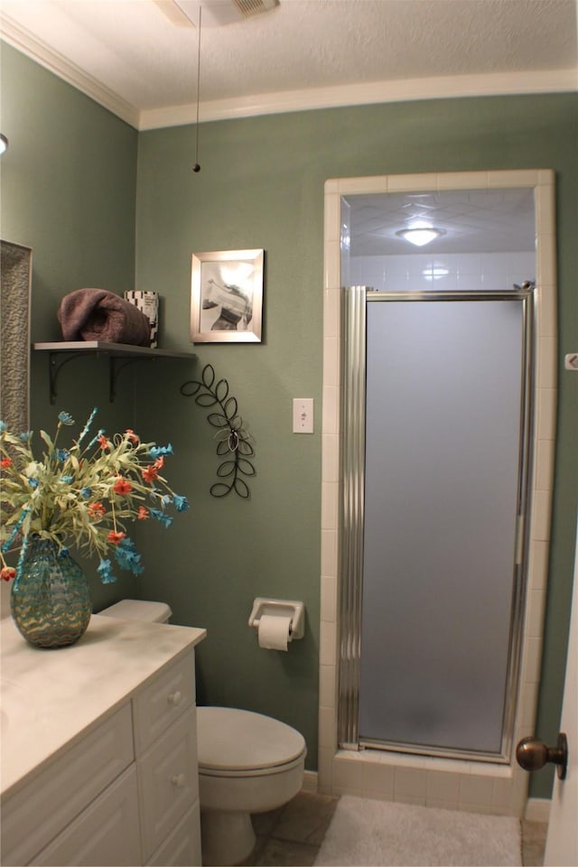 2619 Sailboat Dr, Houston, TX 77058 - full bathroom featuring a shower stall, ornamental molding, vanity, toilet, and baseboards