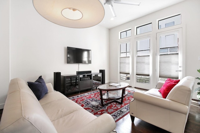 2205 Colorado St, Houston, TX 77007 - living area with wood finished floors and a ceiling fan