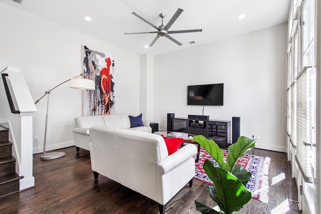 2205 Colorado St, Houston, TX 77007 - living room with stairway, a ceiling fan, dark wood-style flooring, recessed lighting, and baseboards