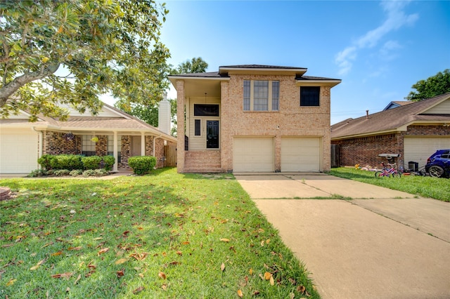 view of front facade with brick siding, a front yard, concrete driveway, and an attached garage