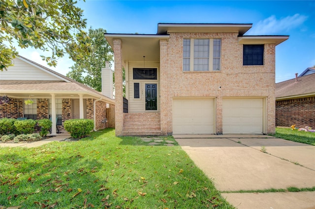 view of front of home featuring an attached garage, brick siding, driveway, and a front yard