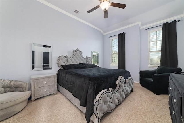 29122 Artic Brook Ln, Fulshear, TX 77441 - carpeted bedroom featuring ornamental molding, lofted ceiling, and ceiling fan