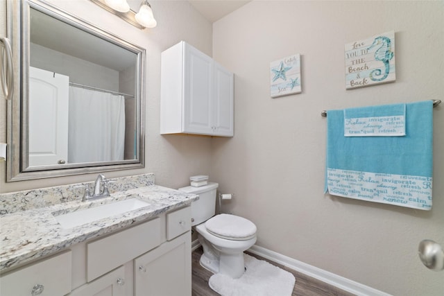 29122 Artic Brook Ln, Fulshear, TX 77441 - full bath featuring baseboards, wood finished floors, vanity, toilet, and curtained shower