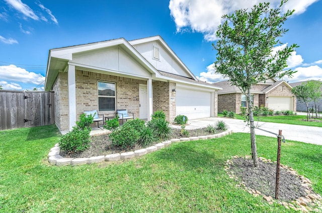 9927 Archdale Spring Dr, Baytown, TX 77521 - ranch-style house featuring driveway, a porch, an attached garage, brick siding, and stucco siding
