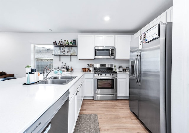 9927 Archdale Spring Dr, Baytown, TX 77521 - kitchen with stainless steel appliances, a sink, light countertops, white cabinets, and open shelves