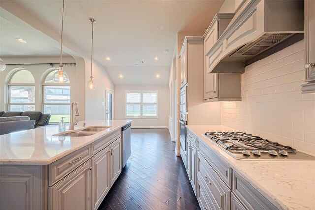 kitchen featuring premium range hood, stainless steel appliances, a sink, dark wood finished floors, and backsplash