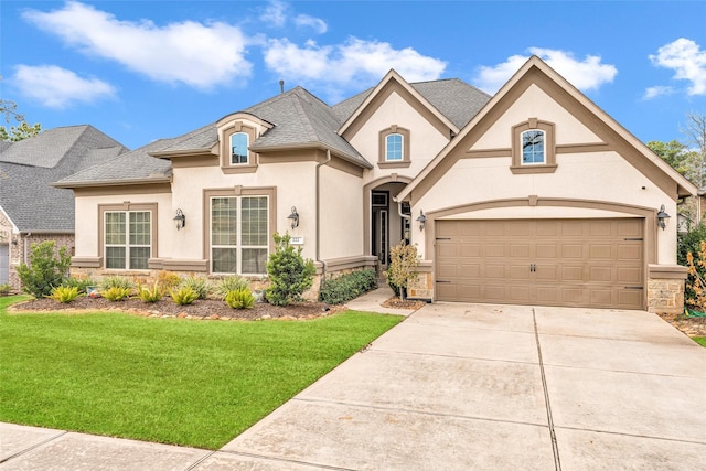 222 Reynosa Ct, Pinehurst, TX 77362 - french country home with stucco siding, driveway, a front yard, stone siding, and a garage