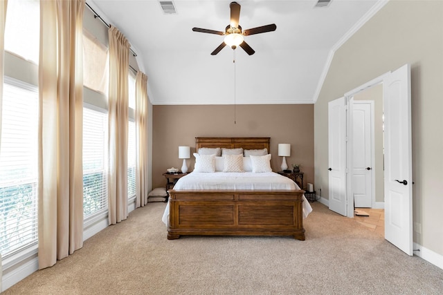 222 Reynosa Ct, Pinehurst, TX 77362 - bedroom featuring light carpet, vaulted ceiling, ornamental molding, baseboards, and a ceiling fan