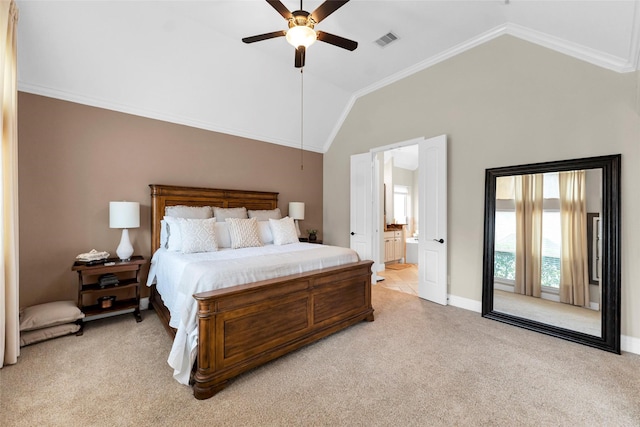 222 Reynosa Ct, Pinehurst, TX 77362 - bedroom featuring light colored carpet, baseboards, ornamental molding, ensuite bath, and a ceiling fan