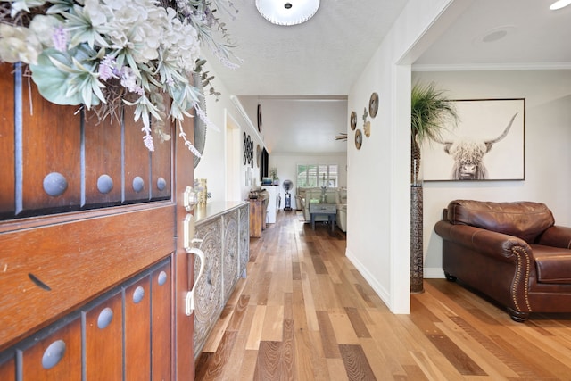 6206 Bayou Blvd, Baytown, TX 77521 - hall with light wood-style floors, baseboards, and ornamental molding