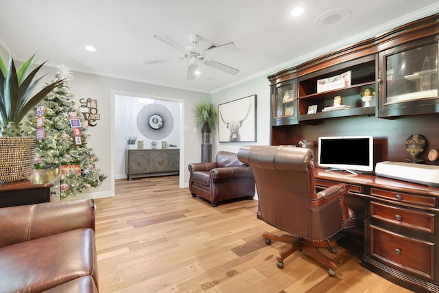 6206 Bayou Blvd, Baytown, TX 77521 - office featuring ornamental molding, a ceiling fan, light wood-type flooring, recessed lighting, and baseboards