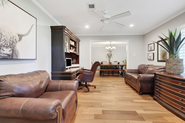 6206 Bayou Blvd, Baytown, TX 77521 - home office featuring recessed lighting, light wood-style floors, a chandelier, a ceiling fan, and crown molding