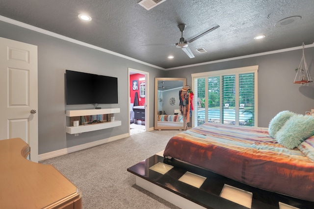 6206 Bayou Blvd, Baytown, TX 77521 - bedroom featuring carpet flooring, baseboards, recessed lighting, crown molding, and a ceiling fan