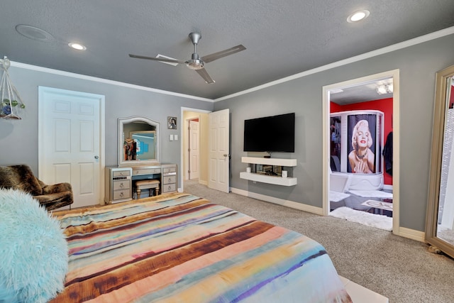 6206 Bayou Blvd, Baytown, TX 77521 - bedroom with carpet flooring, a textured ceiling, baseboards, ornamental molding, and recessed lighting
