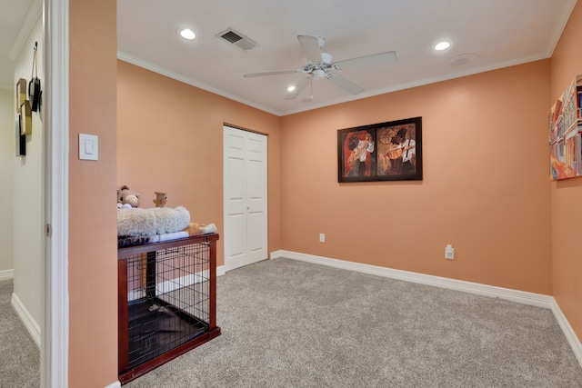 6206 Bayou Blvd, Baytown, TX 77521 - carpeted home office with recessed lighting, baseboards, a ceiling fan, and crown molding