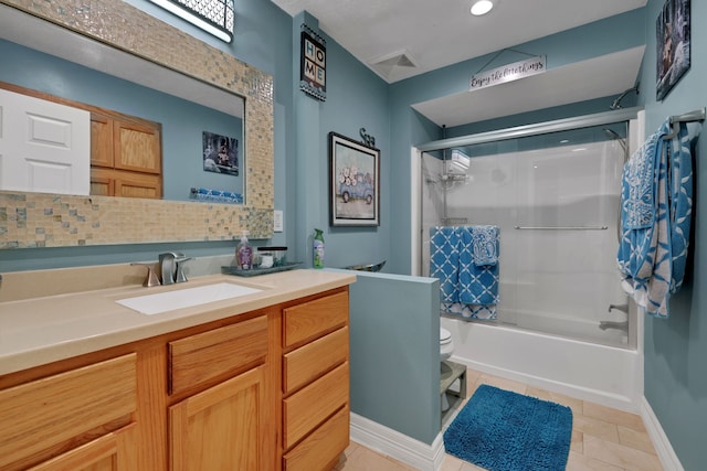 6206 Bayou Blvd, Baytown, TX 77521 - bathroom with toilet, vanity, bath / shower combo with glass door, tile patterned flooring, and recessed lighting