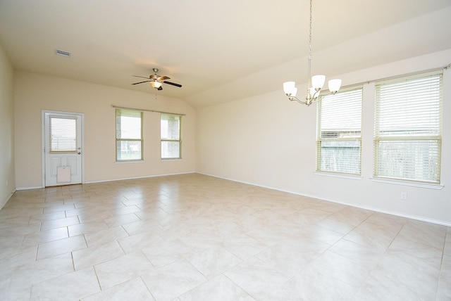 4622 Stolz Trl, Katy, TX 77493 - unfurnished room with ceiling fan, a chandelier, vaulted ceiling, and baseboards