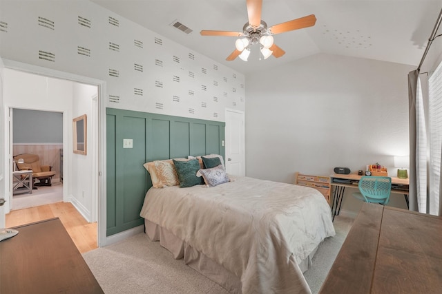 28803 Crested Butte Dr, Katy, TX 77494 - bedroom featuring lofted ceiling, light wood-style floors, and a ceiling fan