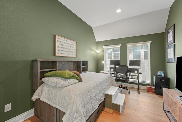 28803 Crested Butte Dr, Katy, TX 77494 - bedroom featuring vaulted ceiling, wood finished floors, an office area, baseboards, and recessed lighting