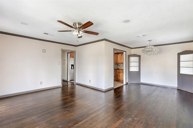 1741 Gardenia Dr, Houston, TX 77018 - empty room with a chandelier, ceiling fan, dark wood-style flooring, baseboards, and ornamental molding