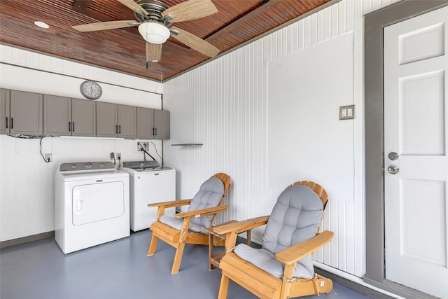 1741 Gardenia Dr, Houston, TX 77018 - washroom featuring separate washer and dryer, cabinet space, wood ceiling, and a ceiling fan