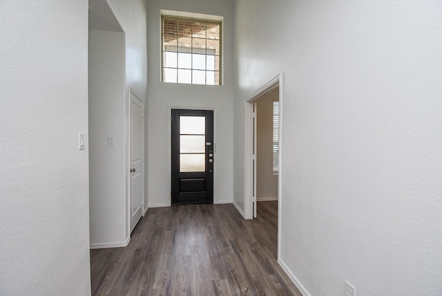 7303 Dover View Ln, Katy, TX 77493 - foyer featuring dark wood-style flooring, baseboards, and a high ceiling