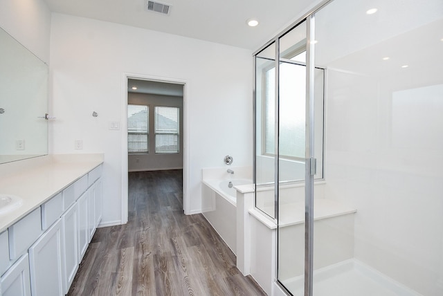 7303 Dover View Ln, Katy, TX 77493 - full bathroom featuring wood finished floors, vanity, a stall shower, and a garden tub