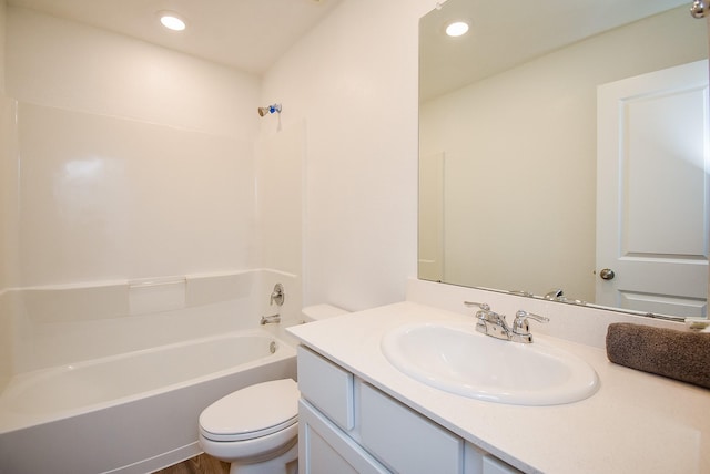 7303 Dover View Ln, Katy, TX 77493 - bathroom featuring toilet, shower / tub combination, vanity, recessed lighting, and wood finished floors