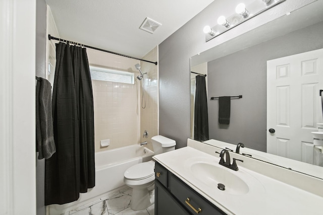 full bath with toilet, vanity, shower / bathtub combination with curtain, and marble finish flooring