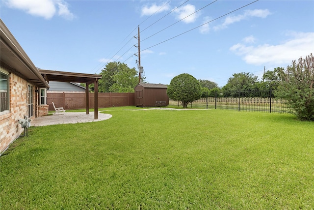 view of yard featuring a patio area, a shed, and an outbuilding