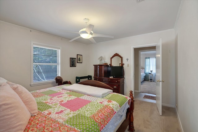 111 Circle Dr, Cleveland, TX 77327 - bedroom featuring light colored carpet, ornamental molding, and a ceiling fan