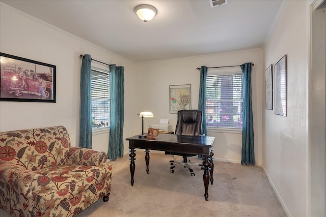 111 Circle Dr, Cleveland, TX 77327 - office area with healthy amount of natural light, light colored carpet, and ornamental molding