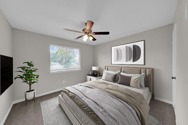 bedroom featuring carpet flooring, baseboards, and ceiling fan