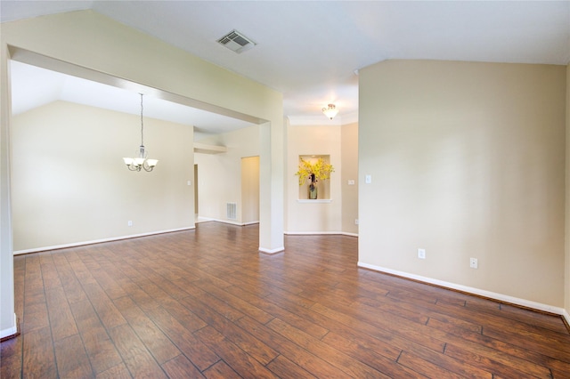 1826 Oak Lodge Dr, Pearland, TX 77581 - unfurnished living room featuring a chandelier, dark wood-style floors, vaulted ceiling, and baseboards