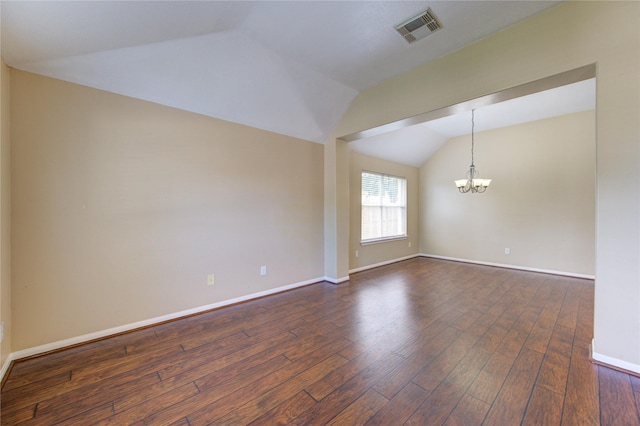 1826 Oak Lodge Dr, Pearland, TX 77581 - unfurnished room with vaulted ceiling, a chandelier, dark wood-style flooring, and baseboards