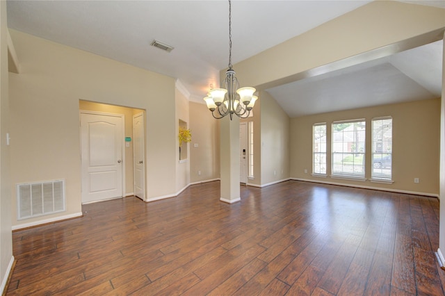1826 Oak Lodge Dr, Pearland, TX 77581 - spare room with a chandelier, dark wood-style flooring, baseboards, and lofted ceiling