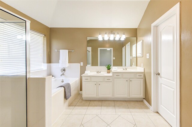1826 Oak Lodge Dr, Pearland, TX 77581 - bathroom with a bath, tile patterned floors, double vanity, a stall shower, and lofted ceiling