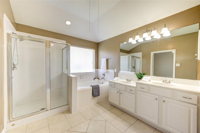 1826 Oak Lodge Dr, Pearland, TX 77581 - bathroom with a shower stall, a garden tub, tile patterned flooring, double vanity, and recessed lighting