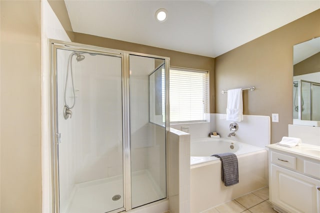 1826 Oak Lodge Dr, Pearland, TX 77581 - bathroom with a shower stall, a bath, vanity, and tile patterned floors