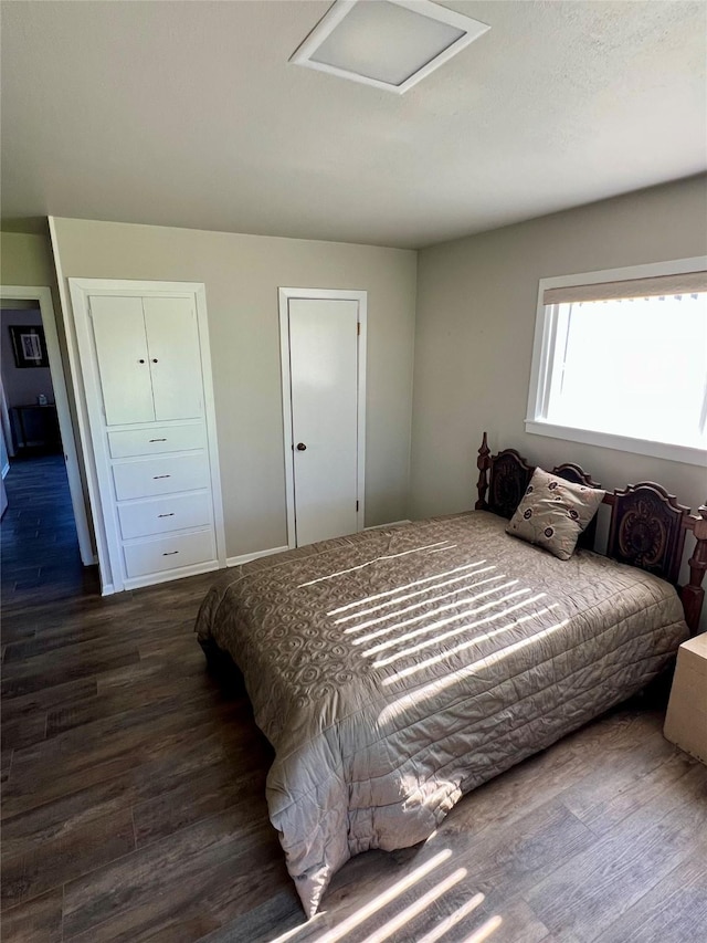 205 Cathy Dr, Hallettsville, TX 77964 - bedroom with dark wood finished floors and attic access