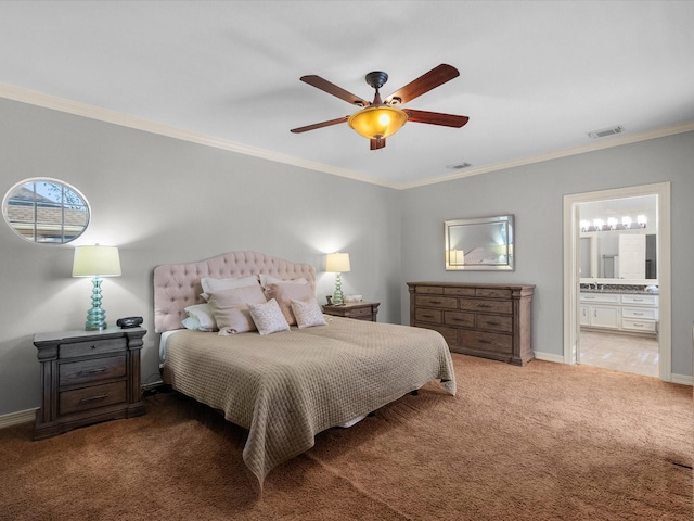 bedroom featuring light carpet, ornamental molding, baseboards, connected bathroom, and ceiling fan