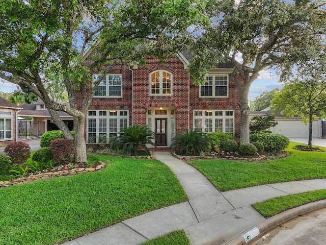 view of front of house with brick siding, a front yard, and french doors
