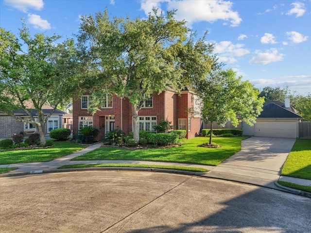 view of front of home with a front lawn, brick siding, a garage, and concrete driveway