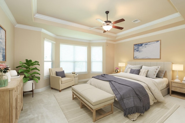 bedroom featuring a tray ceiling, light carpet, baseboards, ornamental molding, and ceiling fan