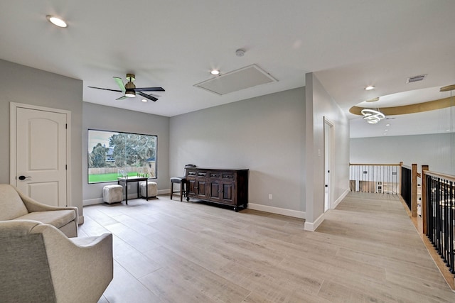 26511 Meadow Ln, Katy, TX 77494 - sitting room with attic access, ceiling fan, light wood-style floors, baseboards, and recessed lighting