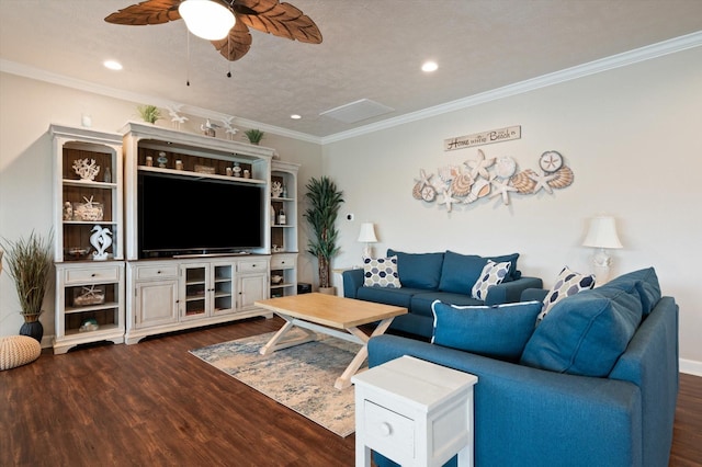 3025 Carioca Ct, Crystal Beach, TX 77650 - living room with dark wood-style flooring, recessed lighting, ceiling fan, and crown molding