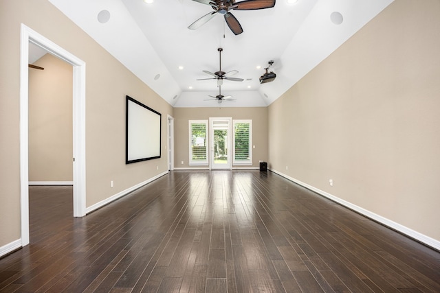 2911 S Saddlebrook Ln, Katy, TX 77494 - spare room with ceiling fan, lofted ceiling, dark wood finished floors, and recessed lighting