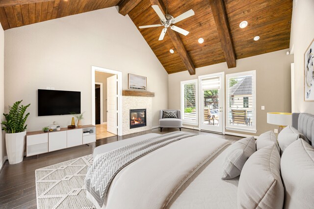 2911 S Saddlebrook Ln, Katy, TX 77494 - bedroom with a wood ceiling with exposed beams, high vaulted ceiling, wood finished floors, a tiled fireplace, and access to outside