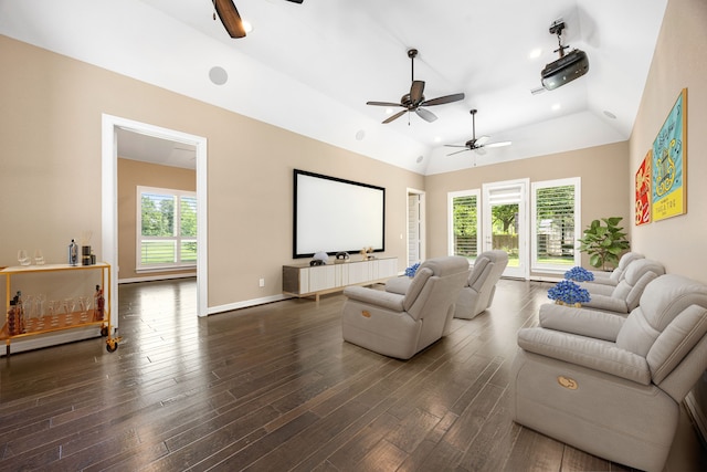 2911 S Saddlebrook Ln, Katy, TX 77494 - living room featuring a ceiling fan, vaulted ceiling, dark wood-type flooring, and recessed lighting